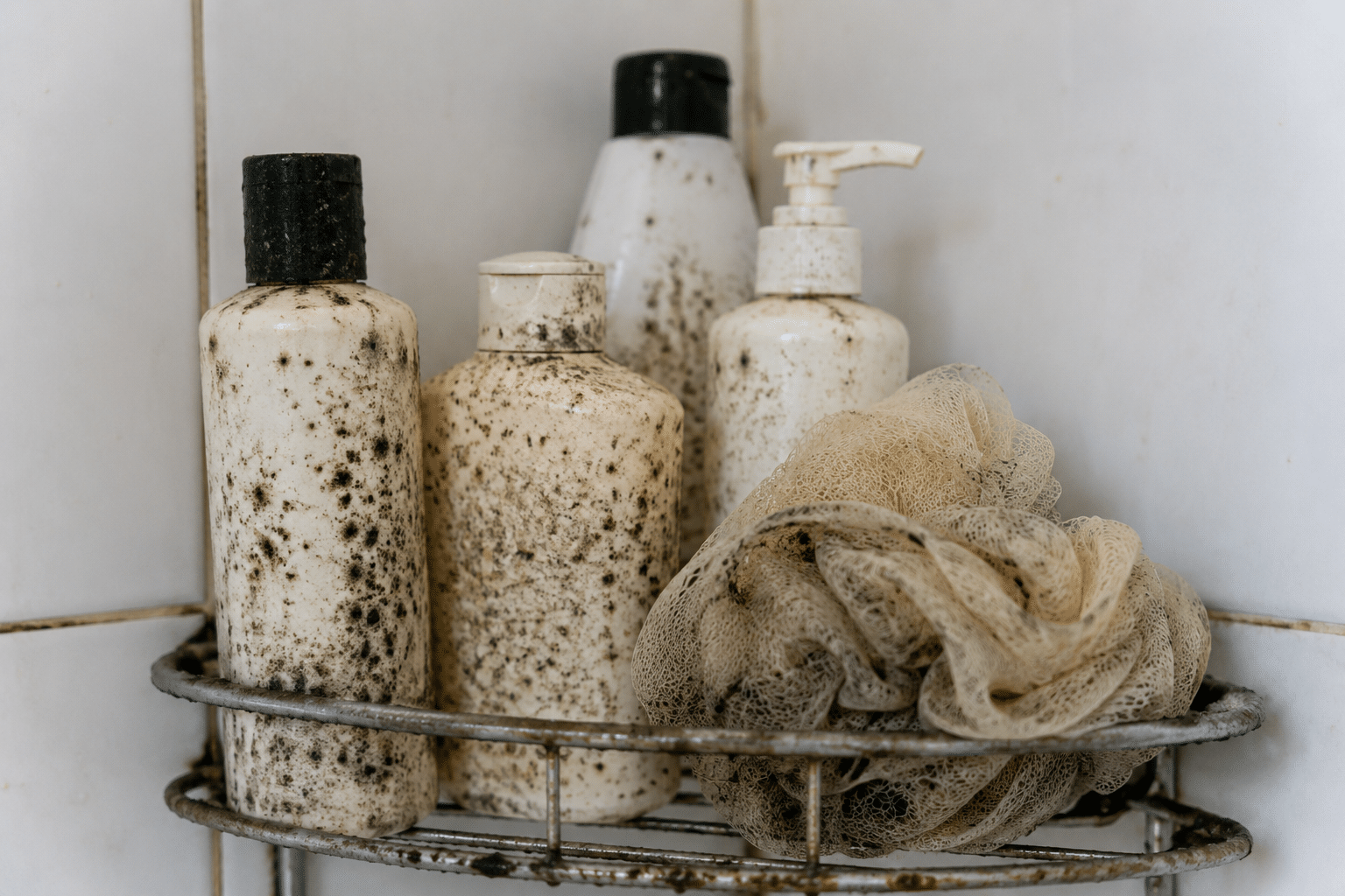 Black mold growing on shower bottles and bathroom items caused by excess moisture and humidity