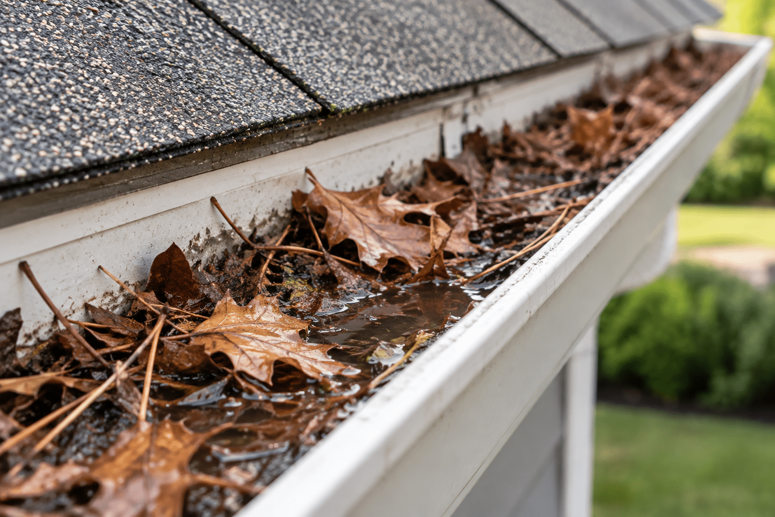 Clogged open gutter filled with wet leaves, debris, and standing water.