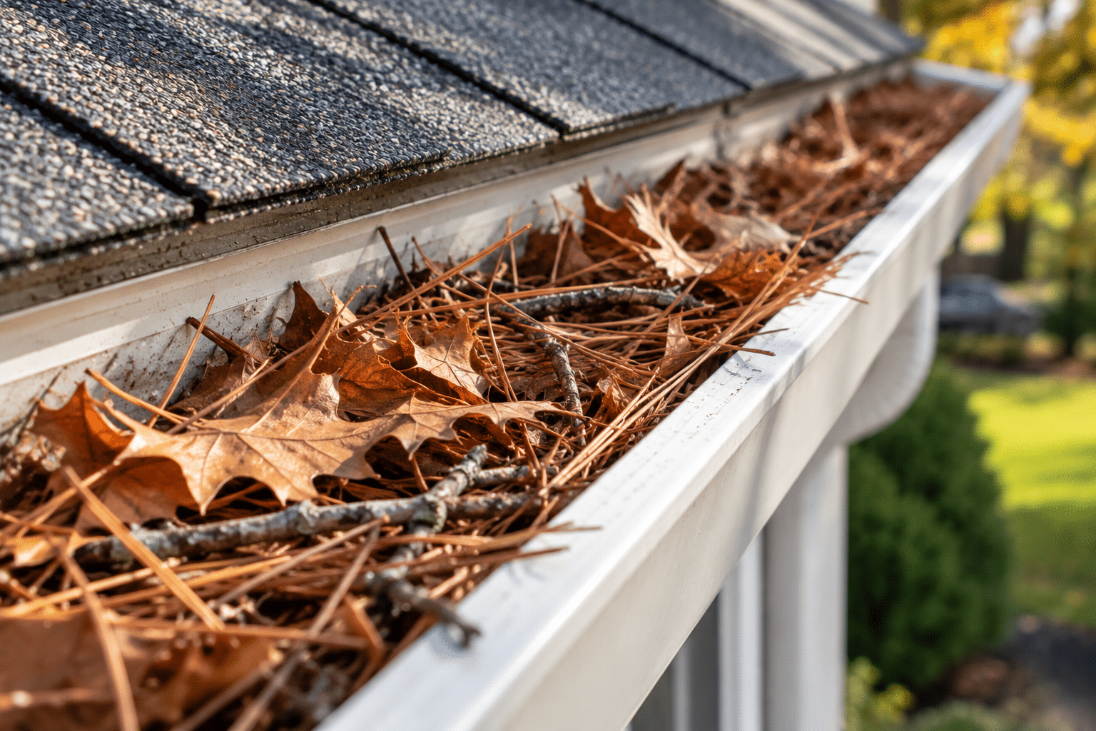 Dry leaves, pine needles, and twigs accumulated inside an open gutter.
